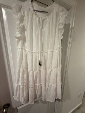 White Ruffle Tiered Cotton Peasant Dress